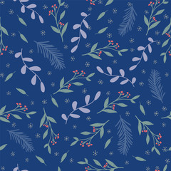 The beautiful hand drawn plants christmas seamless pattern blue background.