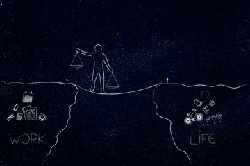 man walking on tight rope holding unbalanced scale plates and cliffs with work and life icons