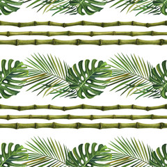 Watercolor tropical wildlife seamless pattern. Hand Drawn jungle nature illustration