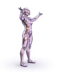 Woman robot standing outstretched arms. Android, humanoid or cyborg artificial intelligence technology concept. 3D illustration