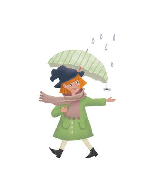 Cartoon Little witch in the rain with an umbrella. Cute raster people character illustation as print design and postcard. Raster isolated Illustration