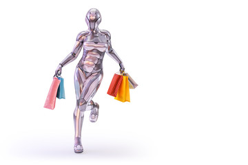 Fototapeta premium A happy playful woman robot android holding colorful shopping bags. Black friday shopping concept. Design element isolated on white. 3D illustration