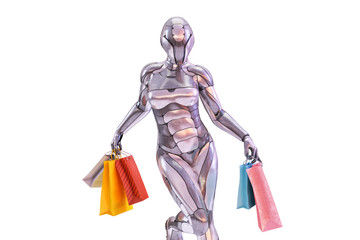 A happy playful woman robot android holding colorful shopping bags. Black friday shopping concept. Design element isolated on white background. 3D illustration © Corona Borealis