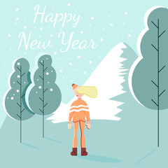 Girl standing on the mountain background