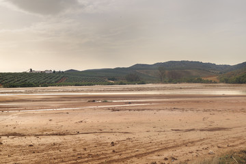 Fototapeta na wymiar Muddy flood over devastated croplands after historic storms in Seville and Málaga