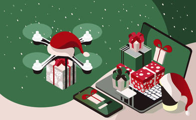 Flight drones with christmas hat delivering gifts and presents to people. Shopping via smart phone and laptop. Isometric 3d