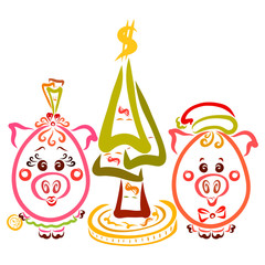 Funny piggy banks and Christmas tree, finance
