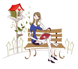 Woman sitting on the bench and writing a love letter
