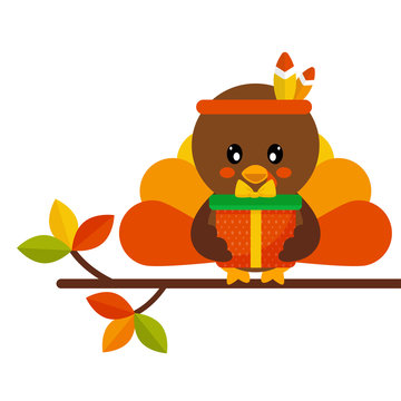 cartoon turkey vector image with gift on the branch 