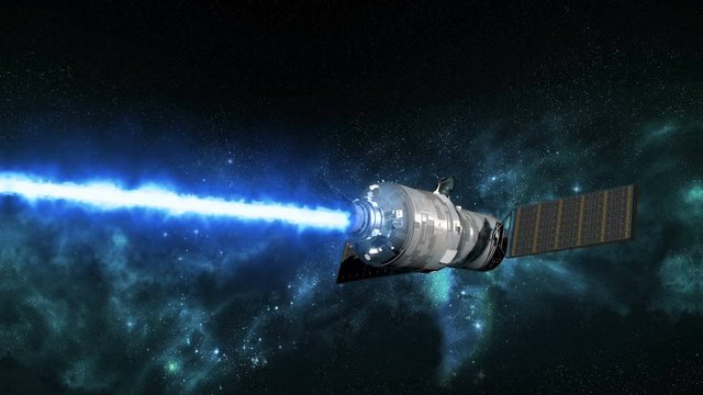 A satellite type craft with solar panels manoeuvres into position, it's front opens and it fires an intense blast of blue energy. Comes with the alpha matte so you can replace the background easily.