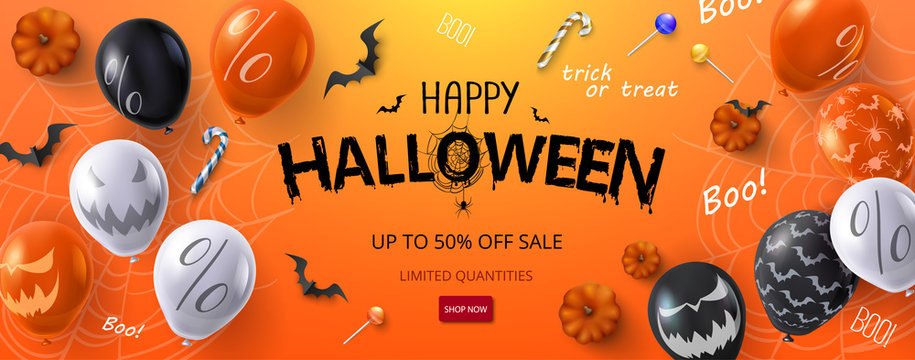 Orange Halloween sale banner or flyer with balloons and pumpkins.