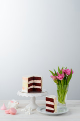 Red Velvet cake and tulips