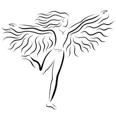 Running winged woman, lightness and flight, black outline