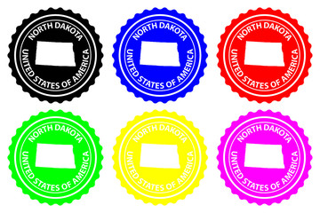 North Dakota - rubber stamp - vector, North Dakota (United States of America) map pattern - sticker - black, blue, green, yellow, purple and red 