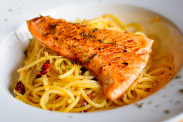 grilled Salmon with Aglio Olio spaghetti with herb