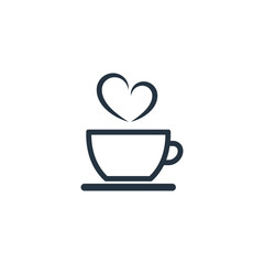 Cup, saucer with heart steam isolated line icon on white background, coffee set, logo and sign
