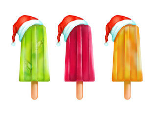 Merry Christmas popsicles greeting card. Strawberry kiwi orange set of popsicles ice-cream frozen juice Christmas hats isolated illustration. Fun and joy decoration.
