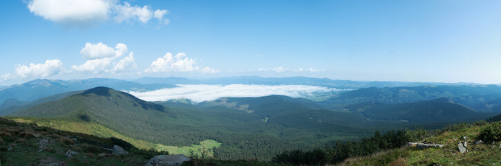 Panorama of Carpathians mountains at summer, west Ukraine. White clouds in blue sky. Low clouds floating between mountain ranges. Ukrainian nature panoramic landscape. Blurred background