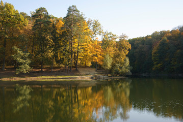 Autumn Landscape. Park in Autumn. The bright colors of autumn in the park by the lake.