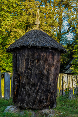 old wooden beehive in ukrainian village of 19 century
