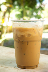 Ice coffee in plastic cup. Take away package and easy to freshness.