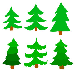 Cartoon green spruce set isolated on white background. Vector illustration.