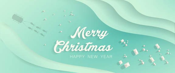 Merry Christmas and Happy New Year Typographical Paper cut background with winter landscape card. deers and santa claus Vector Illustration	
