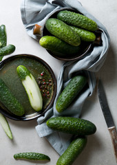 Natural green cucumbers, top view.