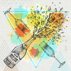 Hand drawing illustration of champagne bottle and glass with splash on artistic polygon watercolor background