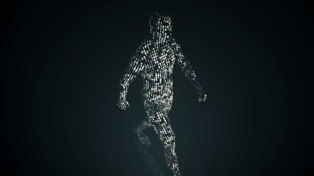 Abstract background with animation walking, running or standing human with surface from flickering binary digits of code. Animation of seamless loop. 