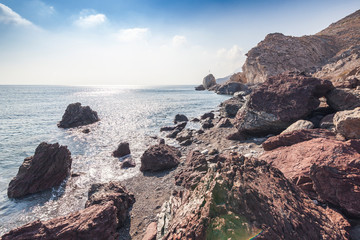 Fototapeta na wymiar Stone rocky coast of the Mediterranean Sea, Kos island, Greece, beautiful landscape