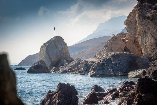 Stone rocky coast of the Mediterranean Sea, Kos island, Greece, beautiful landscape