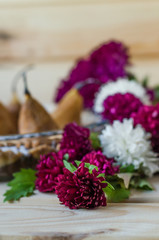 Sweet pear cake and chrysanthemum flowers.