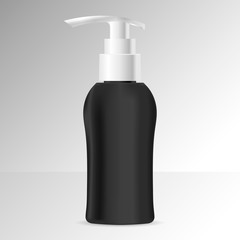 Black Pump bottle mockup with white cap. EPS10 Vector illustration. Plastic Dispenser jar for liquid soap, gel, shampoo.