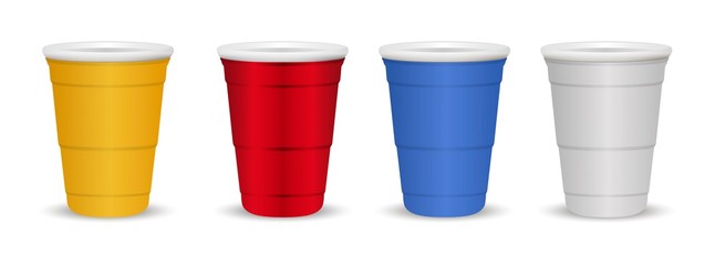 Set of colorful Disposable paper or plastic Cups isolated on white background. Easy to change color realistic 3d vector illustration. Red, yellow, blue, grey colored drink.