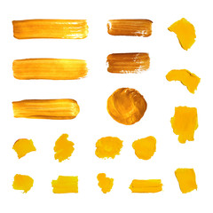 Vector Golden Paint Brush Strokes, Different Shapes Isolated.