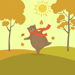 Obraz na płótnie Canvas Cute bear cartoon for hello autumn concept design. The last sunny day berfore rain.