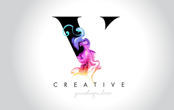 V Vibrant Creative Leter Logo Design with Colorful Smoke Ink Flowing Vector.