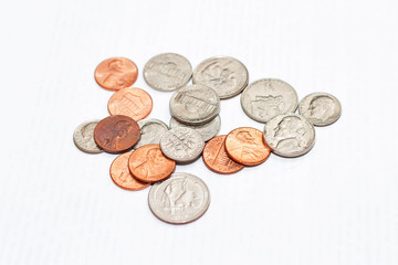Different coins of USA isolated on the white background