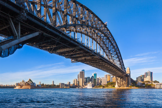 Panoramic view of Sydney Harbour Bridge, Opera House and business district, Sydney, Australia