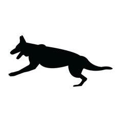 German shepherd dog running black silhouette, isolated on white