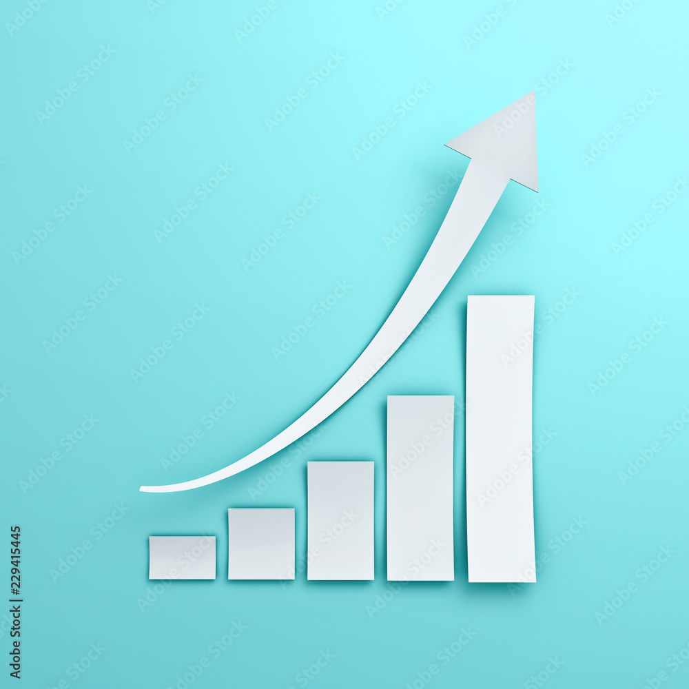 Fototapete white business graph chart with rising arrow paper cut style on blue pastel color wall background wi