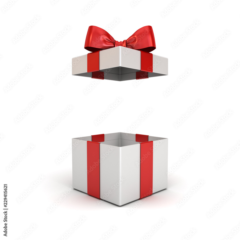 Poster Open gift box or present box with red ribbon bow isolated on white background with shadow 3D rendering