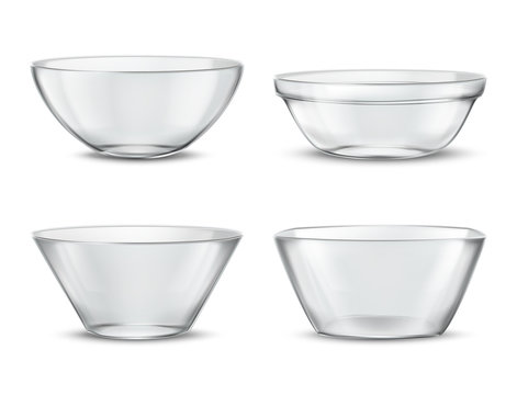 Vector 3d Realistic Transparent Tableware, Glass Dishes For Different Food. Containers With Shadows, Tureens And Crystal Glassware With Reflections. Clear Bowls, Translucent Ceramic.