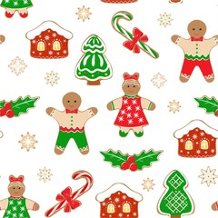 Christmas and New year background with Christmas tree, caramel, man cookies and house