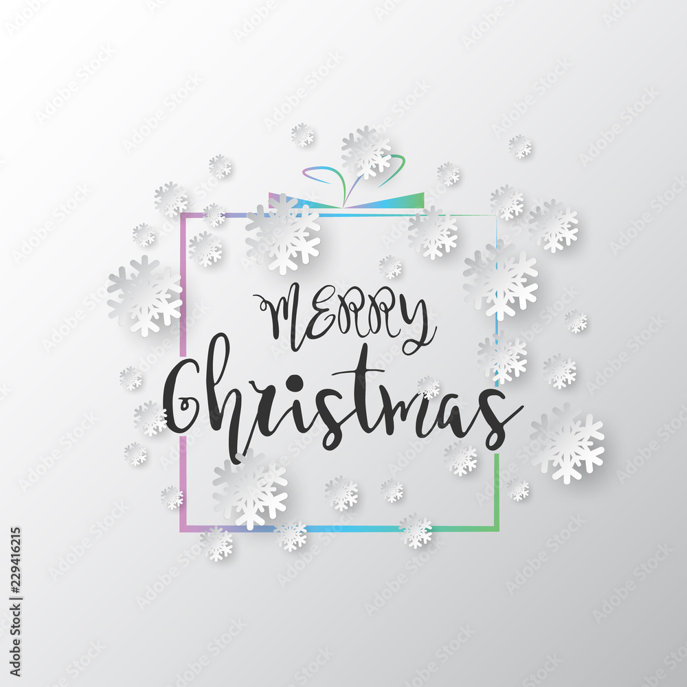 Aufkleber White paper cut of vector snowflake on gradient colours background with merry christmas phase text