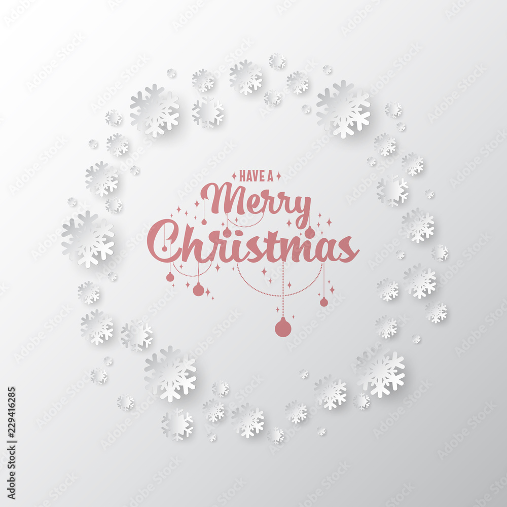 Poster white paper cut of vector snowflake on white ornate background with merry christmas phase text