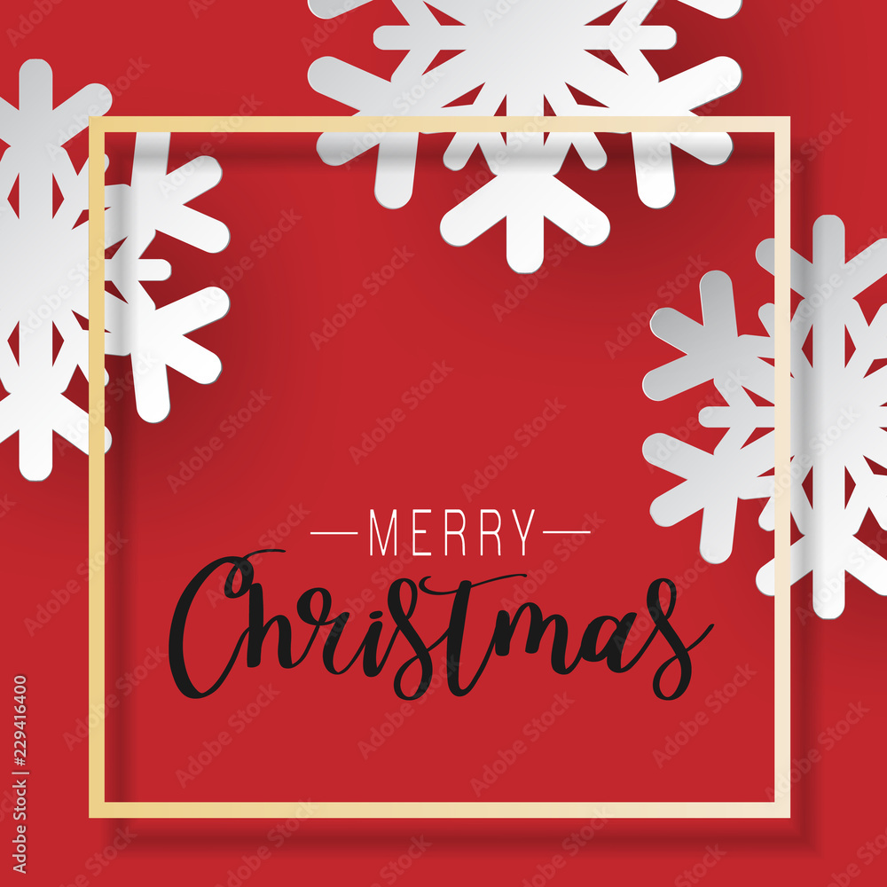 Poster white paper cut of vector snowflake on white ornate background with merry christmas phase text