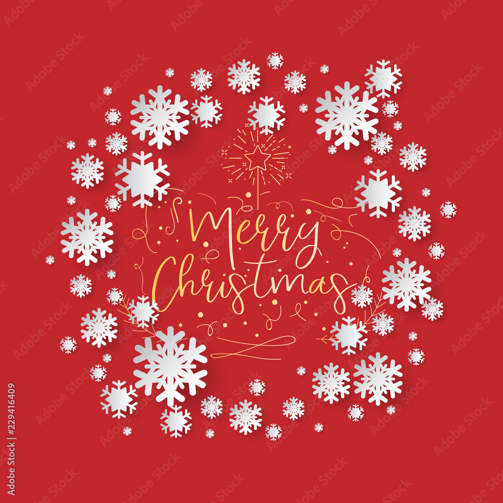 Poster white paper cut of vector snowflake on white ornate background with merry christmas phase text