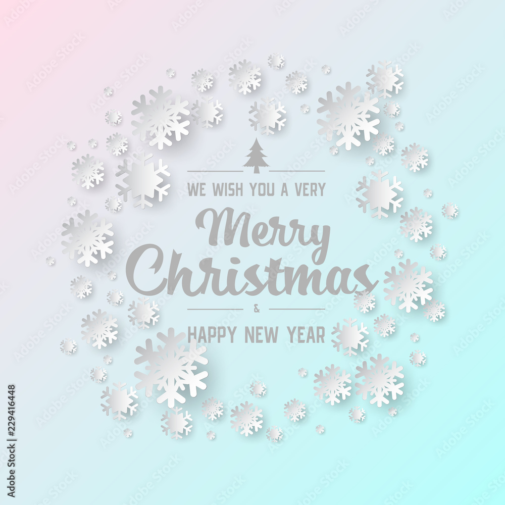 Poster white paper cut of vector snowflake on white ornate background with merry christmas phase text
